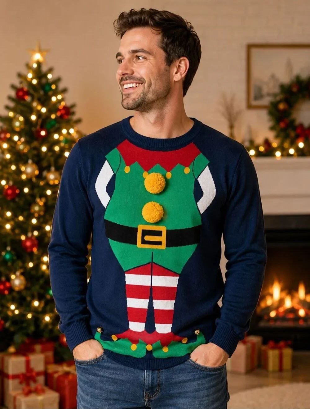 Mossimo Supply Co Womens Medium Blue “Ugly Christmas Sweater” Elf Jingle Bells